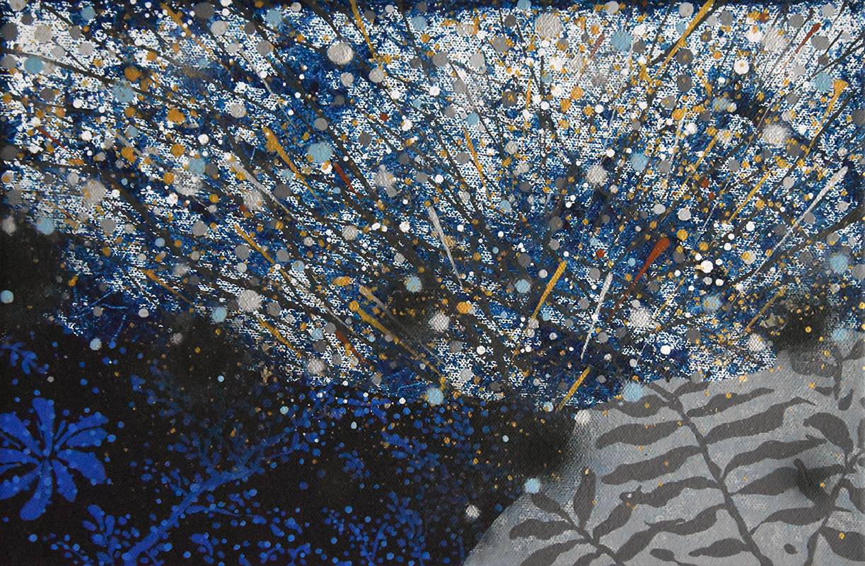 《緬梔 (鹿角樹) 1》，30×20 cm，壓克力、油性畫筆、金箔、畫布 ，2021