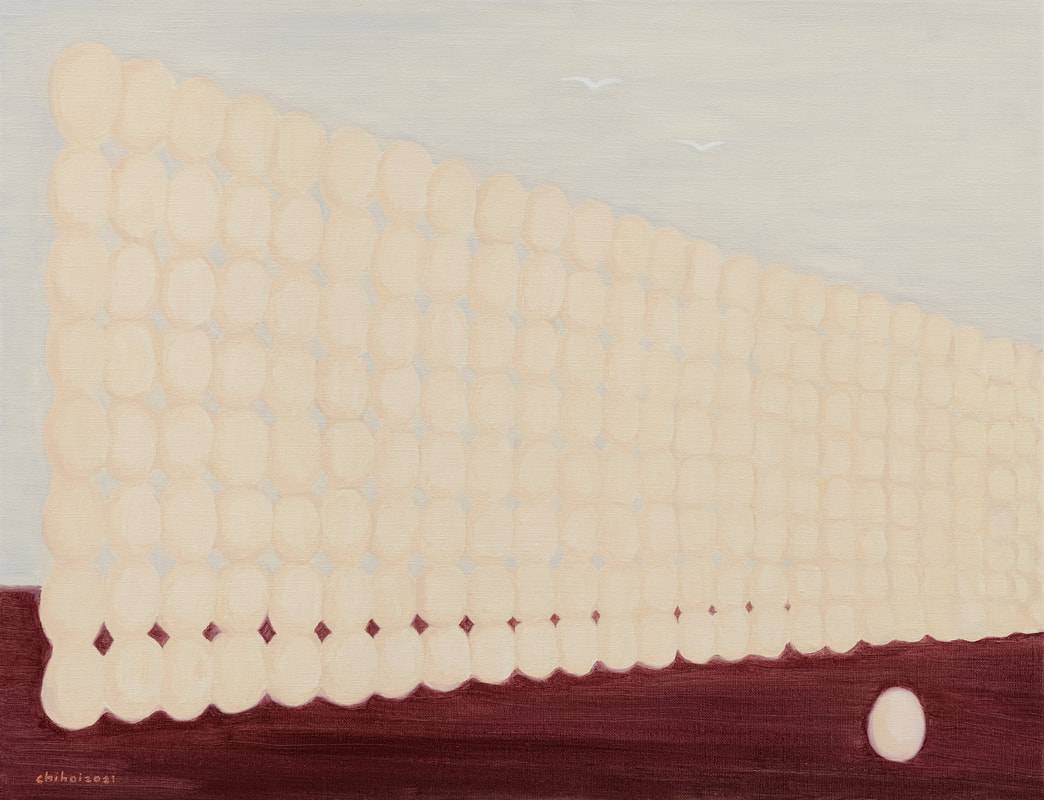 智海 Chihoi《蛋與蛋的高牆》'The Egg and the Wall of Eggs', 2021, 油彩、畫布 oil on canvas, 50.2×65.2cm, image courtesy of the artist