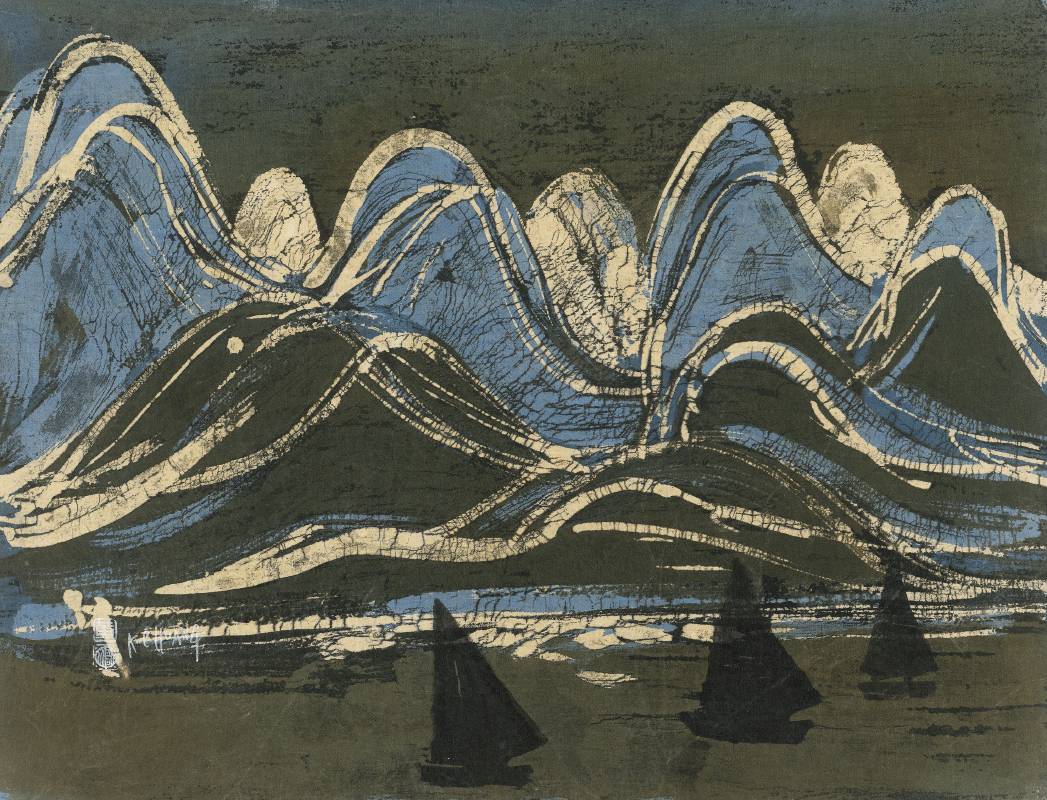 黃歌川 湖光山色 1980年 45×60cm 蠟.染料.布