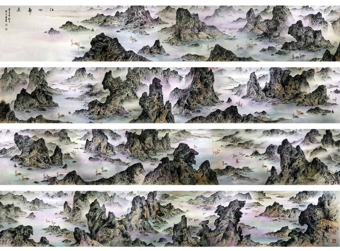 巫登益，《江山帝景》，彩墨 紙本，65.6 x 1588 cm，2021。圖/巫登益美術館提供
