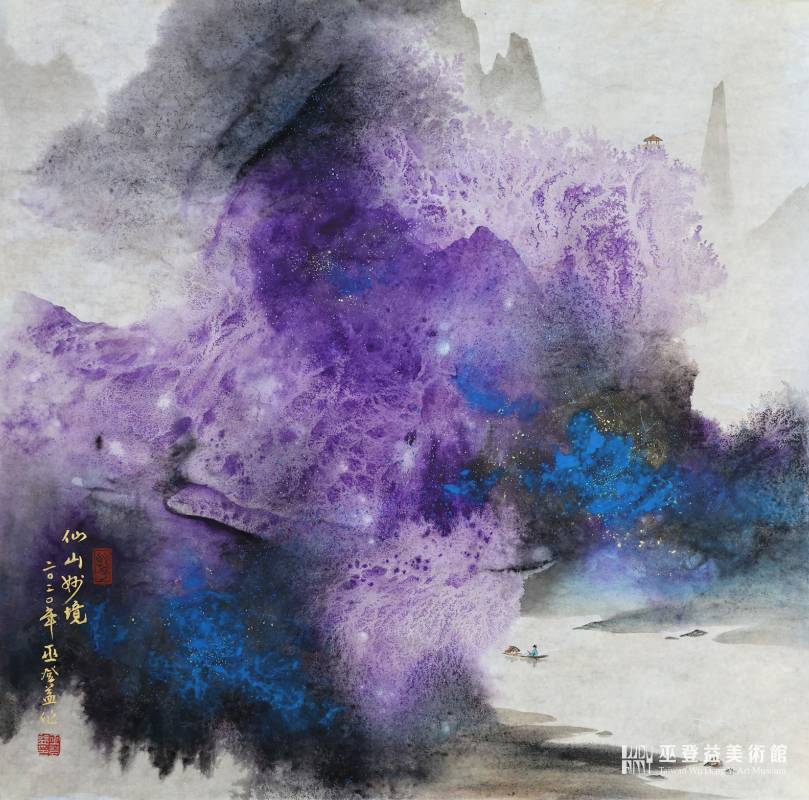 巫登益，《春江映彩》，彩墨 紙本，66 x 67 cm，2020。圖/巫登益美術館提供