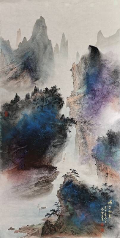 巫登益作品－〈峽江帆影〉，2020，132.5x66.5cm，彩墨紙本。