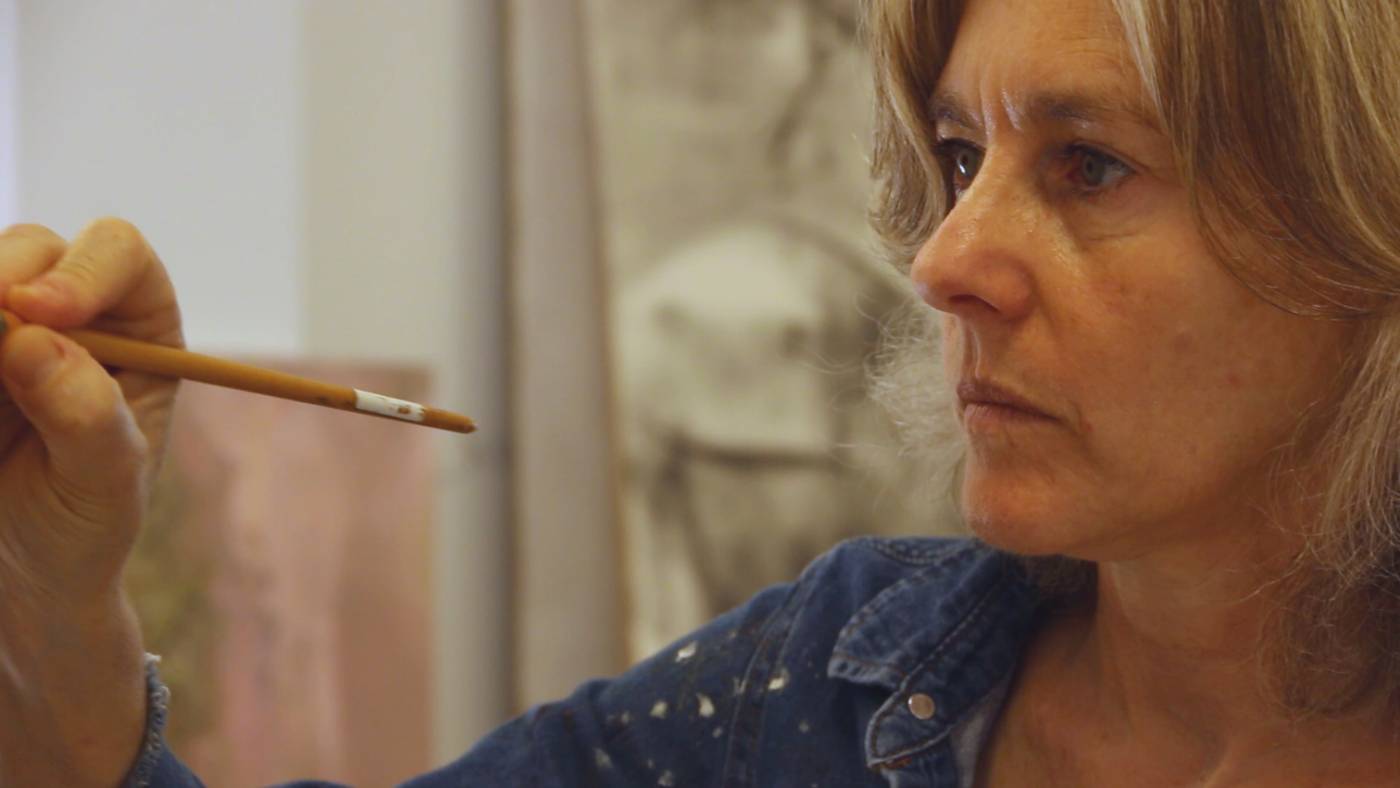 Beverly Barkat working in her studio in Jerusalem_Photo credits movie still from the movie created by Tor Ben-Mayor