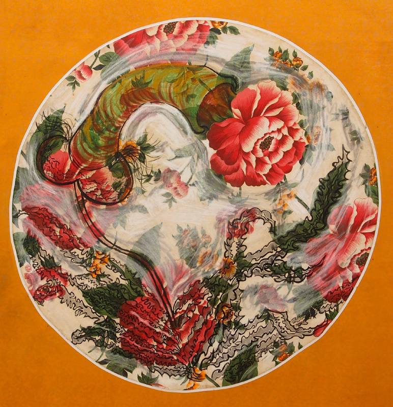 侯俊明 Hou ChunMing, 花開富貴圖, 花布油彩 oil on floral cloth, 123 x 123 cm
