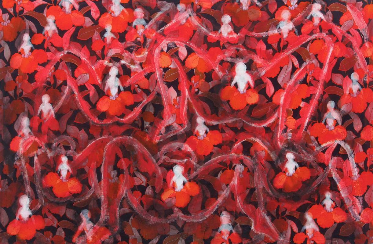 侯俊明 Hou ChunMing, 神奇之子 Jinn-Son, 2021, 花布壓克力 acrylics on floral cloth, 83 x 129 cm
