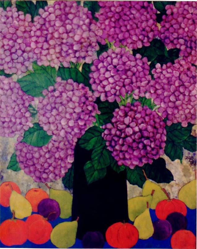 吳昊 WU Hao_紫色繡球花與水果_油彩、畫布_65x53 cm_1994