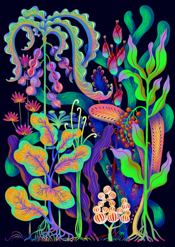 藝術家王妤璇作品《雨林植花》墨筆、電腦上色、木板印刷，110 x 155 cm。