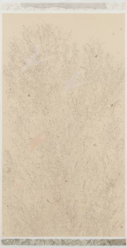 李凱真《給鳥與花的情書I》，水墨設色、山芙蓉楮皮紙、日本純金箔，160 x 80 cm，2022