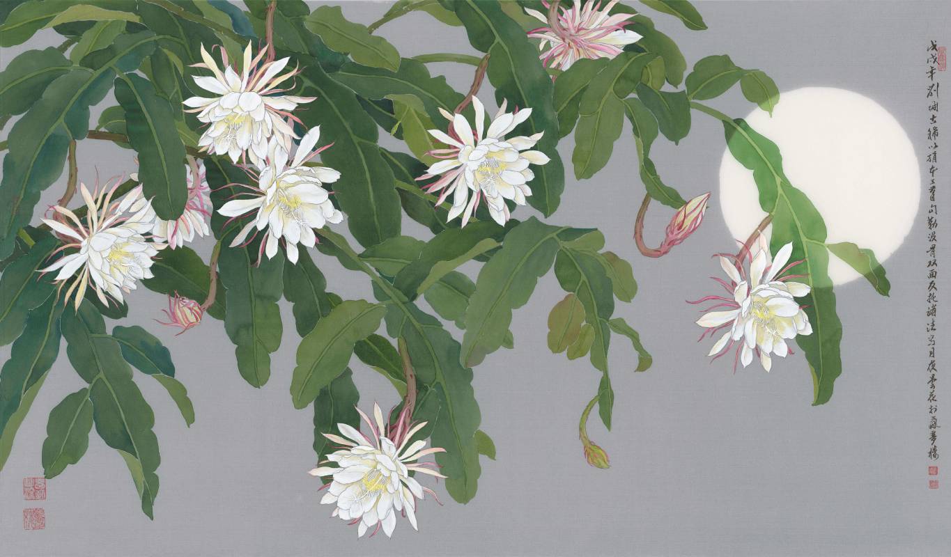 劉墉，月夜曇花，2018，設色絹本，75 × 128 cm。圖/策展人提供