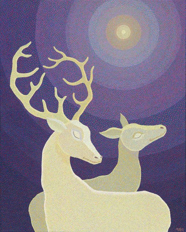 張培均，《明心之鹿》天心月圓，100×80cm，40F，星塵透疊法/油畫，2022。