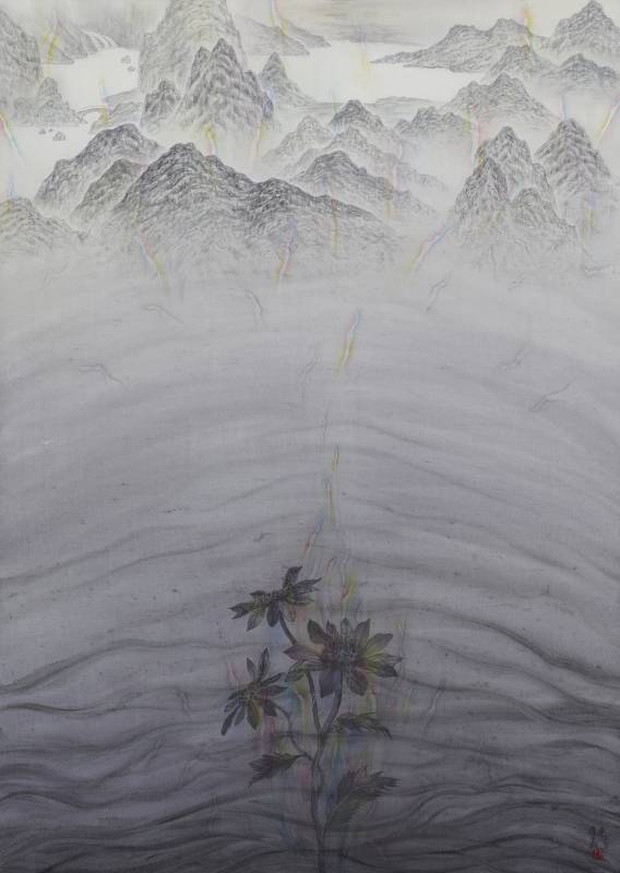 劉信義 Liu Hsin Yi /  那份既遙遠又親近的寧靜	Distant yet Intimate Tranquility, 水墨絹本設色、水干 Mixed media on silk, 64x45 cm, 2021