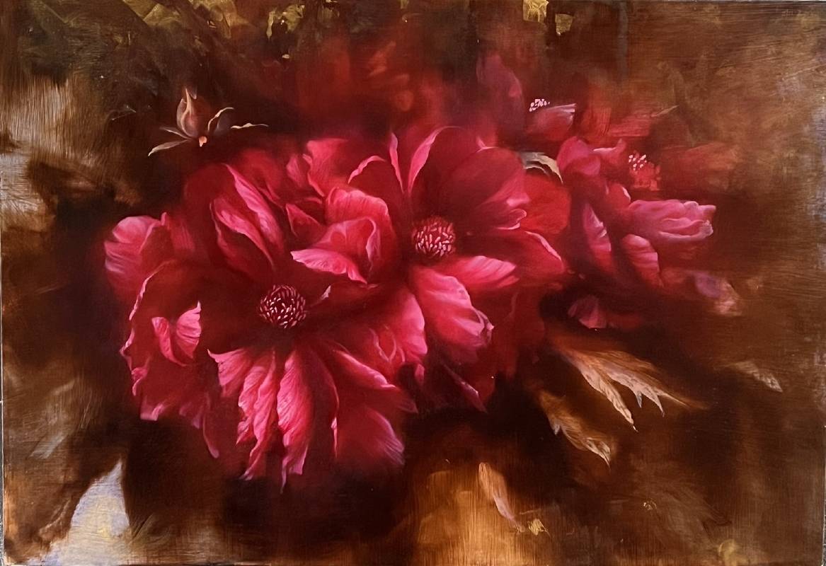 古雅仁《舞墨系列-金葉牡丹大紅袍》油彩 ，畫布 72.5x50cm 2023