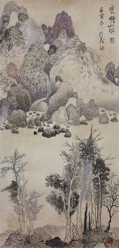 劉信義 Liu Hsin Yi  / 變體山水圖 Variant Landscape 水墨絹本設色 Colored ink on silk  96x45cm，2022