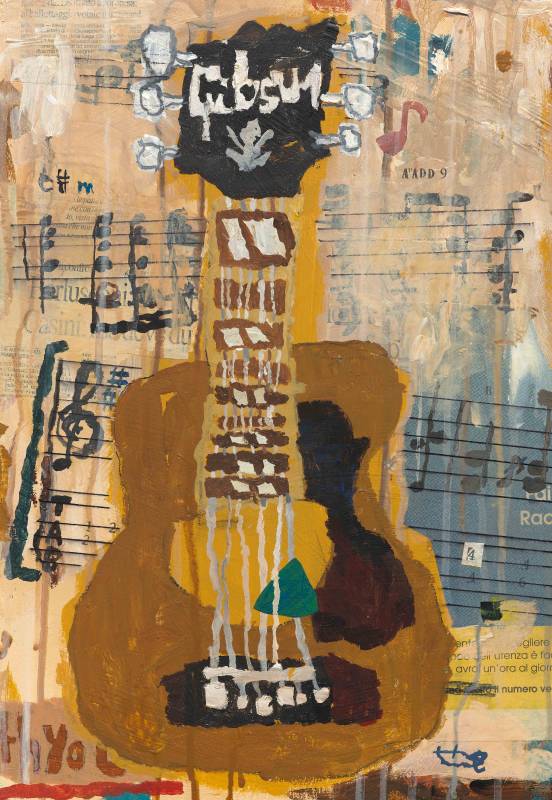 H@L,《Guitar which forgot singing voice》, 2018 壓克力, 木板 49 x 34 cm