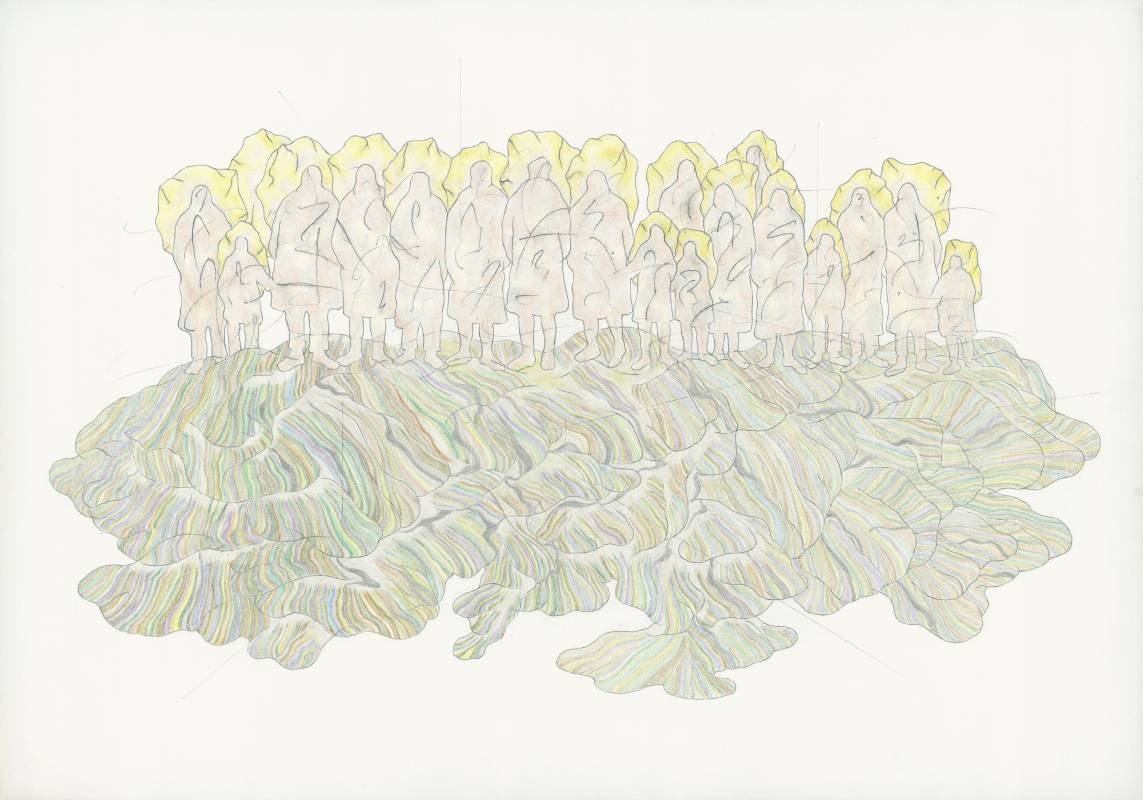 陳曉瑩,《島上的女人小孩樹》, 鉛筆、色鉛筆、紙張, 35 x 50 cm, 2023