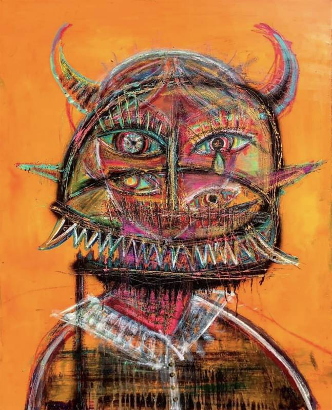 楊智傑,《憤怒的山羊》,木板、複合媒材,100 x 80 cm, 2021 