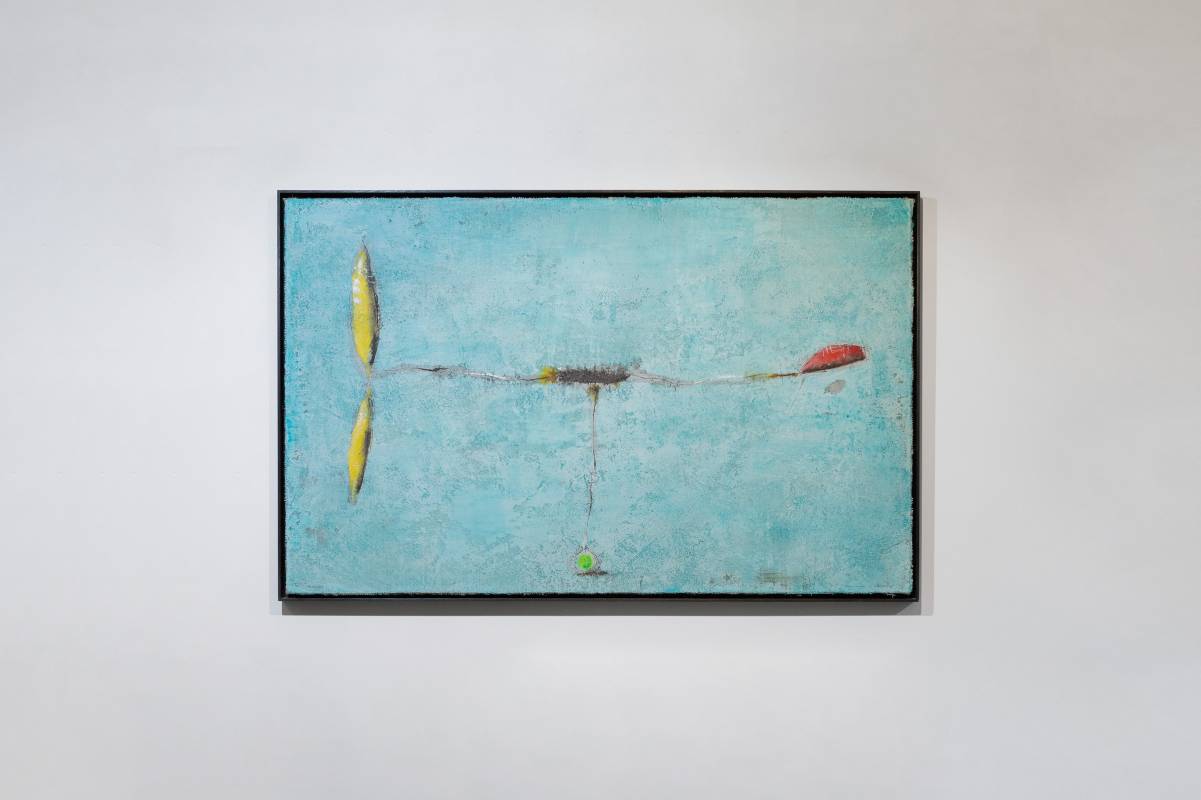 Airplane with green tail,2022,70x110.5cm, Mixed media on burlap and wood_2
