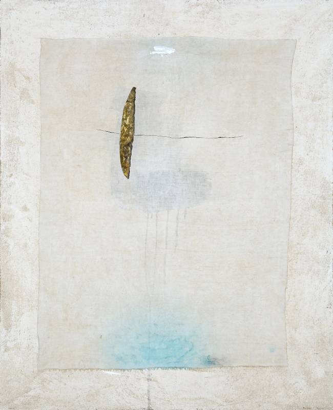 Airplane, 2017, 122 x 99.5 cm, Mixed media and collage (copper) on linen, burlap and wood