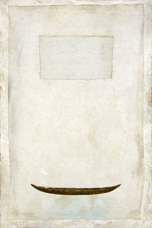 Silent Boat,2006,150x100cm,Mixed media and collage(synthetic resin with brass plating)on linen ,burlap and wood