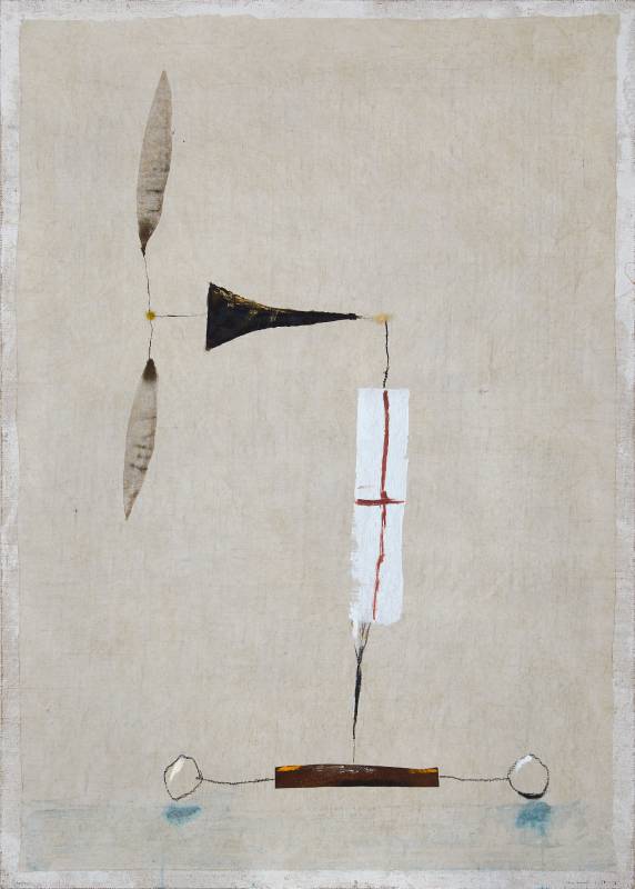 Two wheel plane, 2020, 140.5 x 100 cm, Mixed media and collage (iron, fabric) on fabric and wood