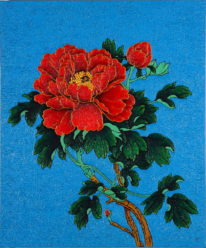 雨天曼陀羅花系列-一枝紅艷露凝香，油畫、老荷蘭、好賓、牛頓、林布蘭特，60.5X73公分，2022年。