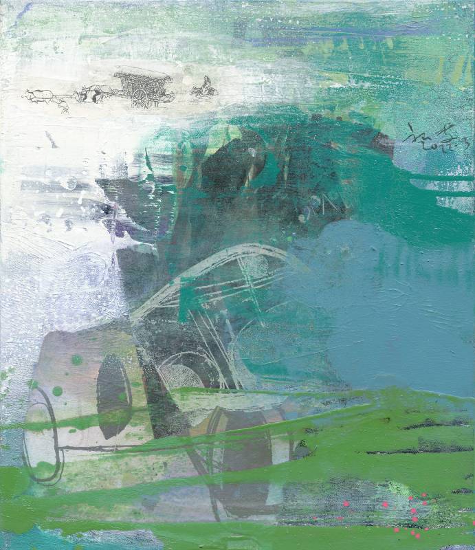 早春行旅系列(7)-谿山野渡，2021-22，油畫.複合媒材、畫布_53×46cm。
