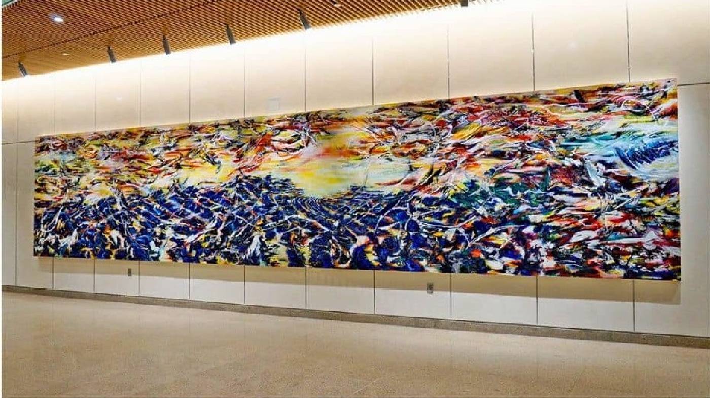 吟唱的河流 2 The Singing River 2, 2018，油彩、壓克力、畫布，193x900公分, 由美國在台協會AIT典藏