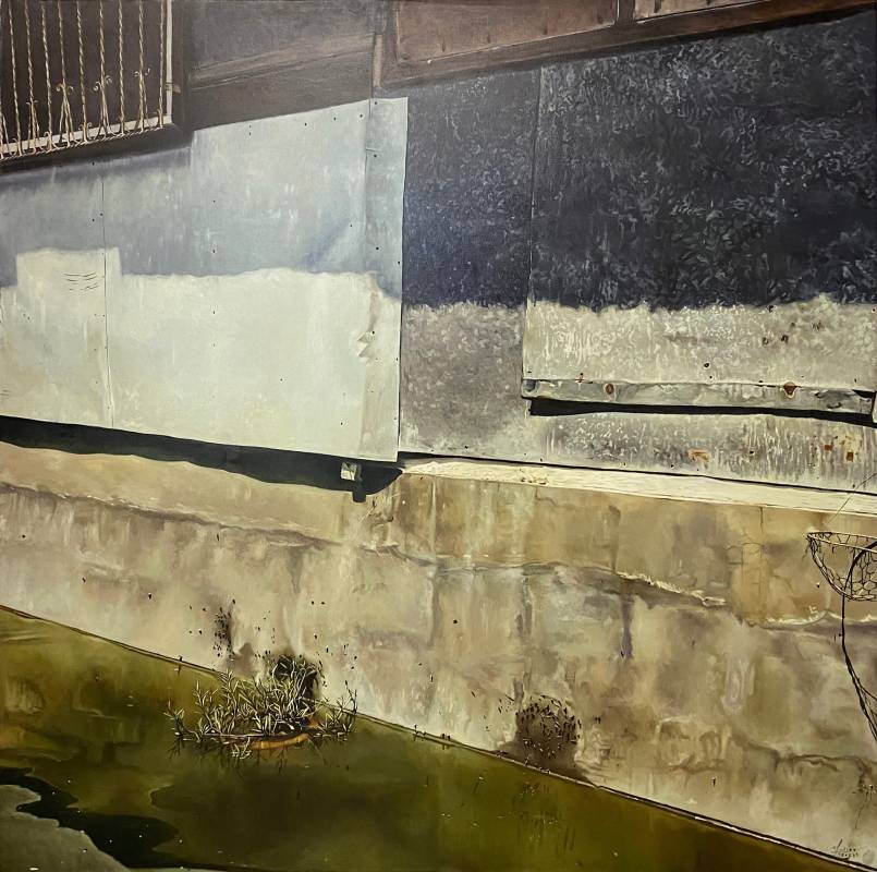 《壁上之舞：水與緩行者、光與影》 Wall Dances: Water and Crawlers, Light and Shadows，2023，油彩、畫布 Oil on canvas，121.9 x 121.9 cm