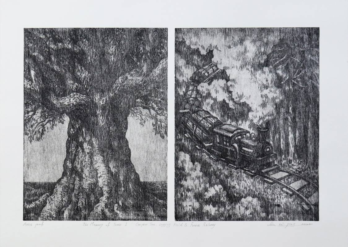 木的記憶 I - 樟樹、伐木場與森林鐵路 2022 木平版、油性印墨、畫紙 39×54 cm