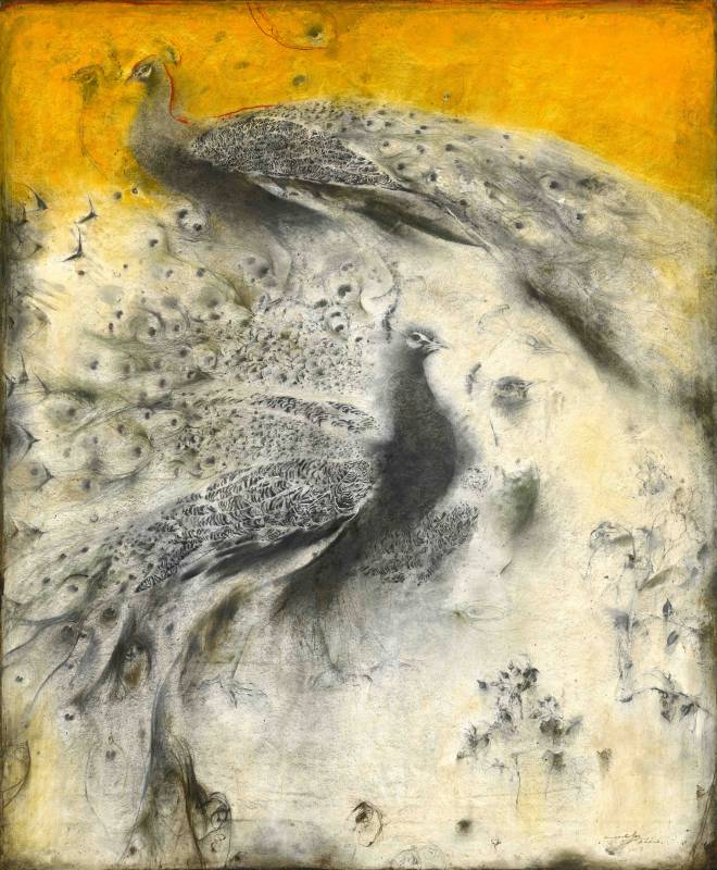 梁兆熙《孔雀》，壓克力、炭筆、畫布、紙本，171 x 141 cm，2023