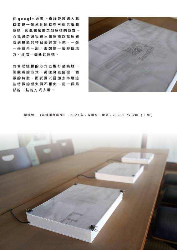 劉繶婷，《以繪測為座標》，2023年，描圖紙、燈箱，21×19.7x3cm（3組）
