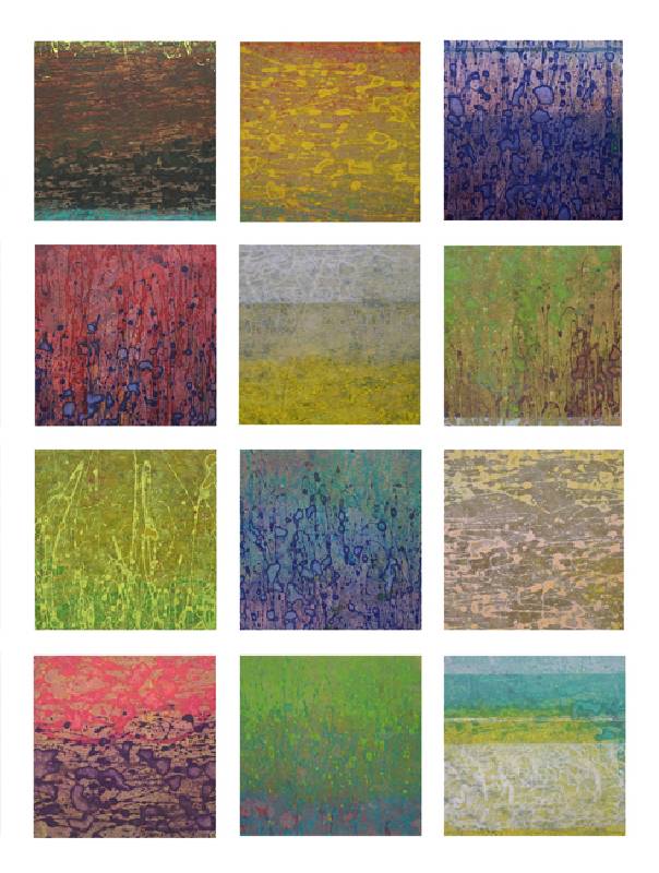 積吶虹光〈虹磚-線紋路〉，2016~2017年，壓克力顏料、紙，每一幅34 X34 cm (合計12幅)。「虹磚」是作品的主題，但以「線」的方式呈現，呈現出更多的幾何、抽象或線條感，創造出一種現代感，同時保持了虹的色彩特性。