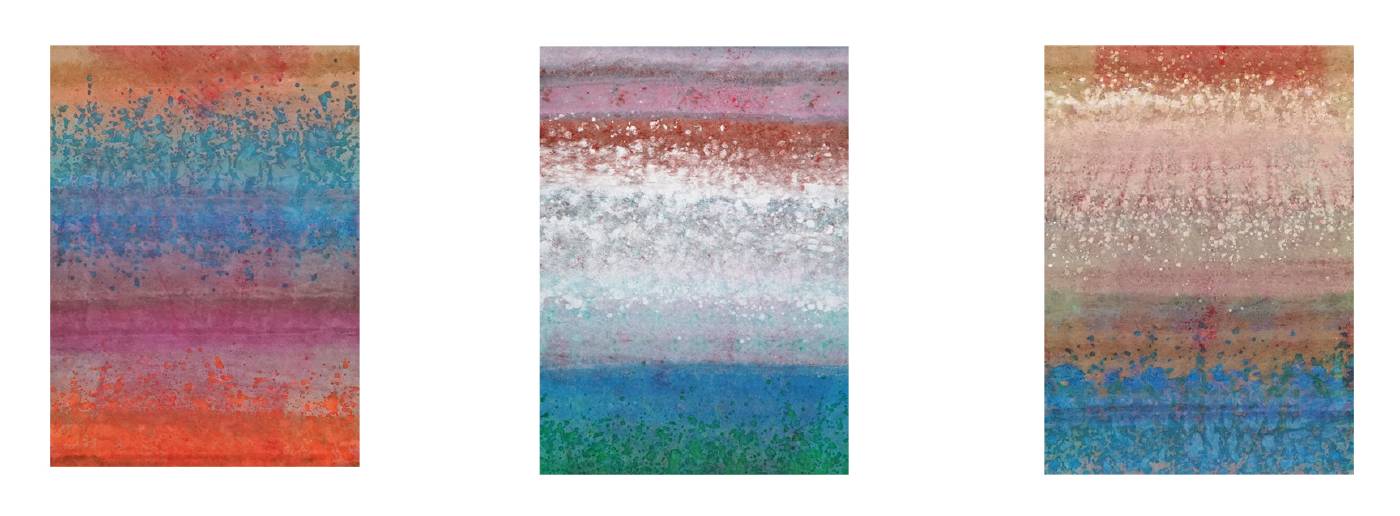 積吶虹光〈虹-雲紋路〉，2019年，壓克力顏料、紙，每一幅88 X120 cm (合計3幅)。積吶虹光以色彩斑斕多彩的虹為基礎色調，作品筆觸採用如雲朵的形狀和紋路，使畫面帶有柔和、飄逸的感覺，將虹與雲朵巧妙結合，形成積吶虹光獨創的視覺風格，並透過多重意象展現出豐富的想像力和情感。整體風格傾向於抽象、夢幻與幻想，呈現出一種超越現實的感覺，同時，作品也透露著對自然元素的敬仰和詩意的探索。