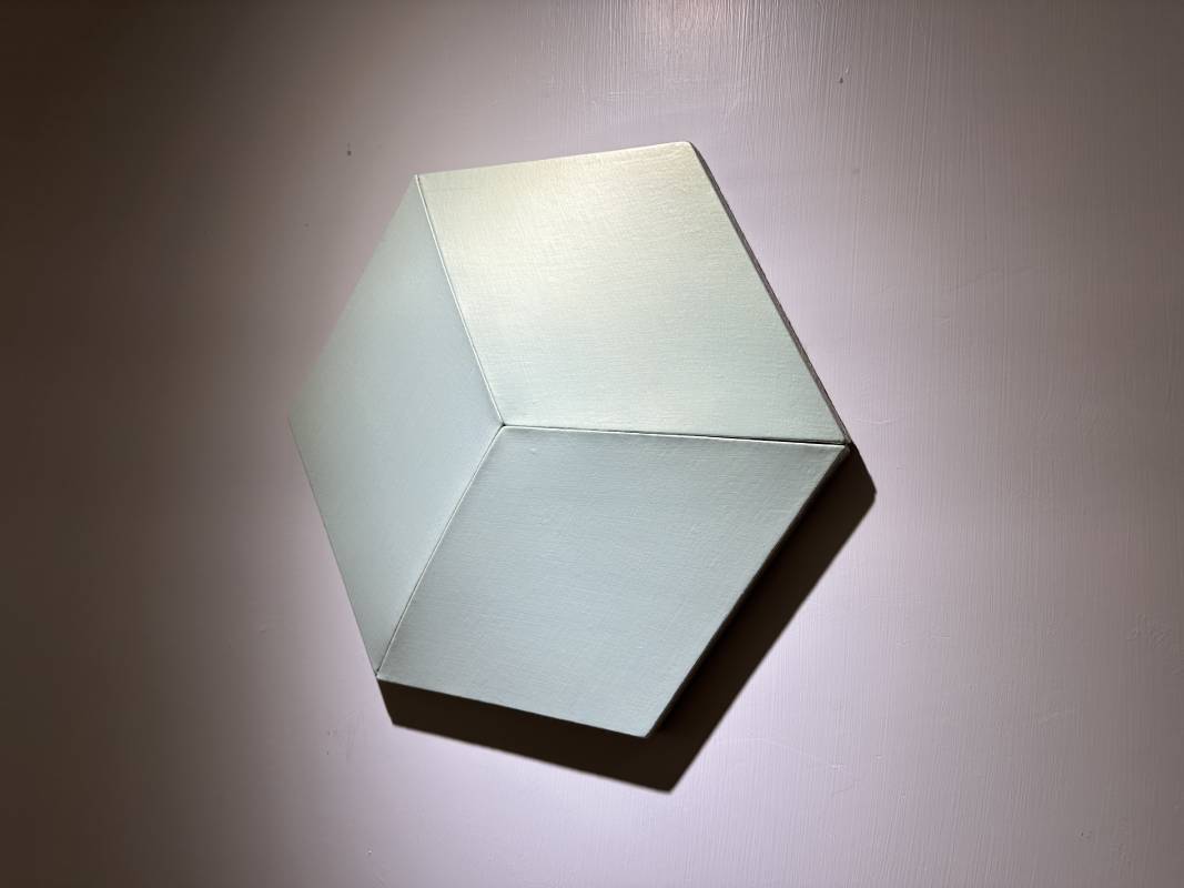Broken light greens cube, 2024, acrylics on linen, 50x43,5x5cm