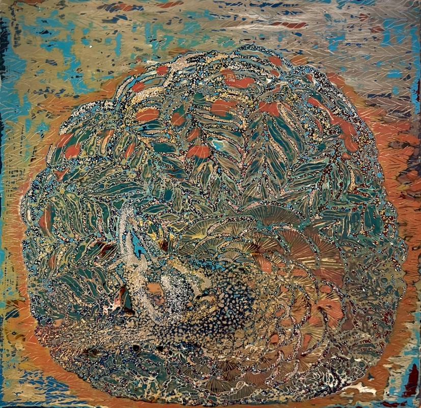 黃白嬉春神仙夢II 2022年 30x31cm大漆於包布木板.雲母色粉.岩繪具.蛋殼