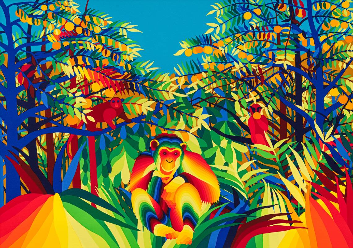 在盧梭的森林中沉思的虹猿 Thinking Rainbow Monkey in Rousseau’s Forest, 1999, 絲網版畫, 46×66cm (含框尺寸 74×93×2.5cm), 150版