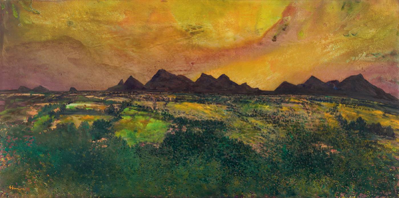《視野鄉間》，邱顯德，2009，水彩，114×230cm