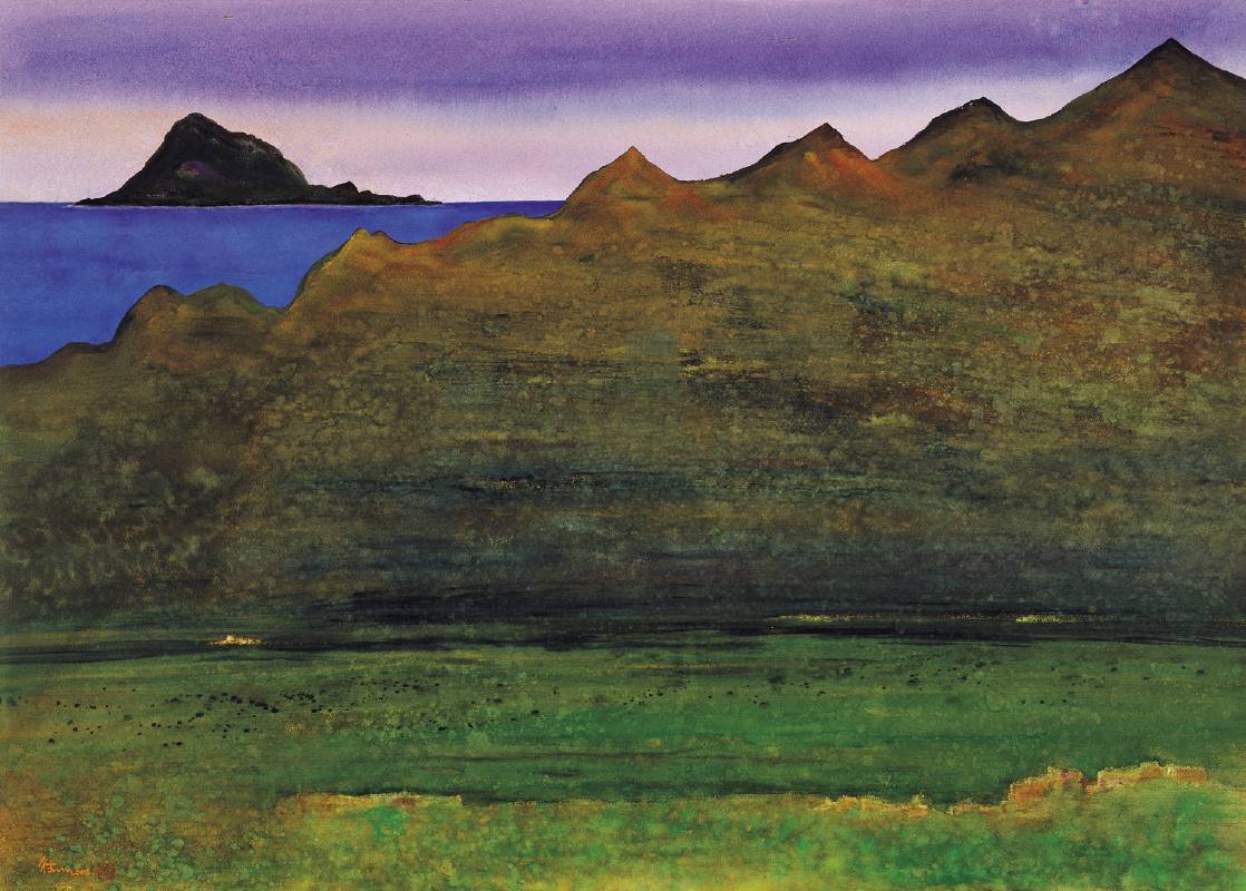 《大草原的冥想》，邱顯德，2002，水彩，114×160cm