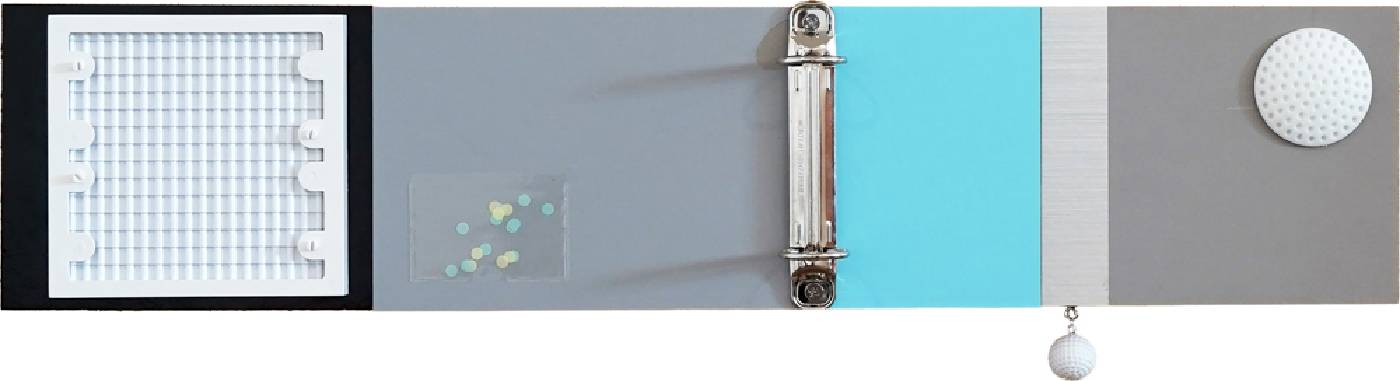 龔寶稜，樣品：擦傷，2024，貼紙、卡典西德、橡膠、金屬、吸盤、修補貼／油氈板，20.7 x 53.8 x 3.5 cm