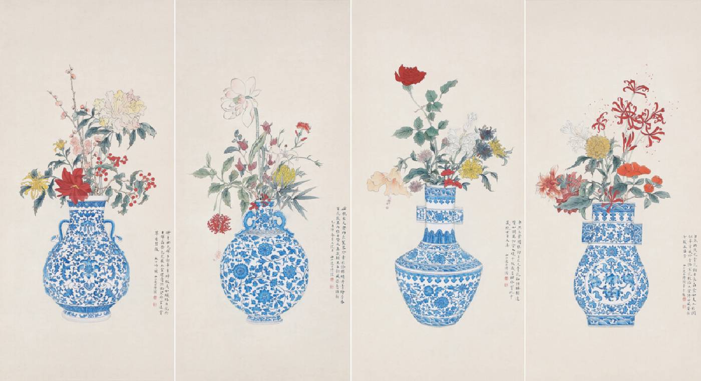 L5060 溥儒（1896－1963）；名卉青花四屏