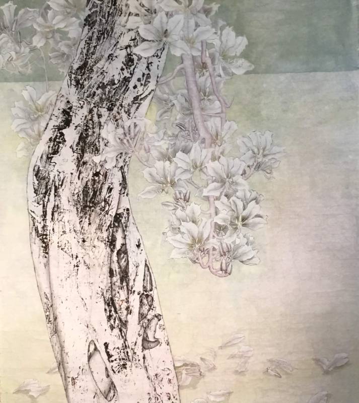 張素蘭_一棵開花的樹(春) _彩墨-複合媒材_88x75cm_台灣