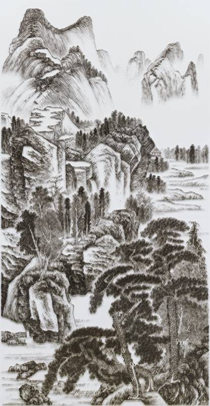 仿大千仿巨然《夏山圖》，不鏽鋼蚊釘．畫布．碳化夾板， 280 x 145 cm。Copyright The Artist