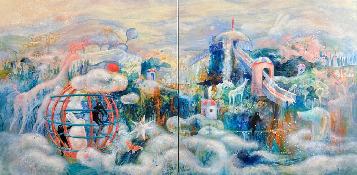 〈Playground on the cloud 〉，壓克力顏料、畫布，180X90cm(雙聯幅)，2024