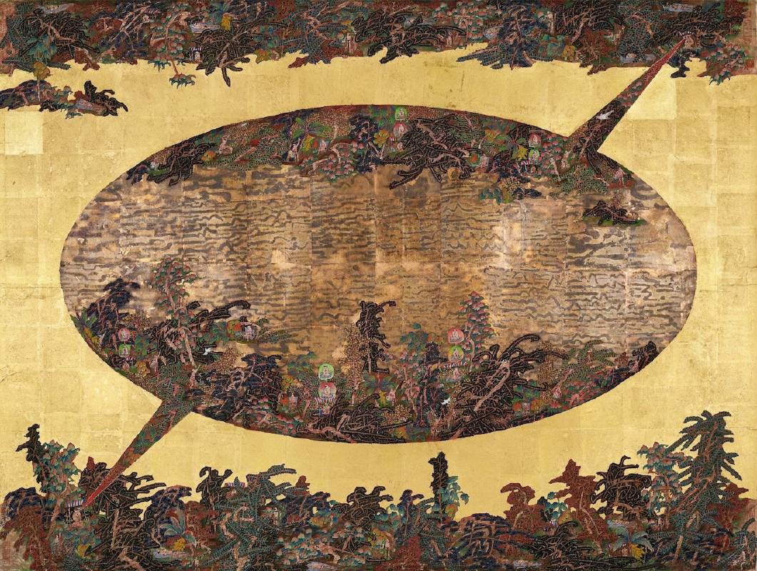 曾霆羽，桃花源，金箔、礦物、紙本設色，122.5x162cm，2024。