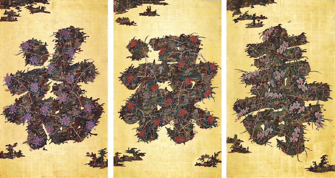 曾霆羽，三仙島（字島－福祿壽），金箔、礦物、紙本設色，單件201x122.5cm，2024。