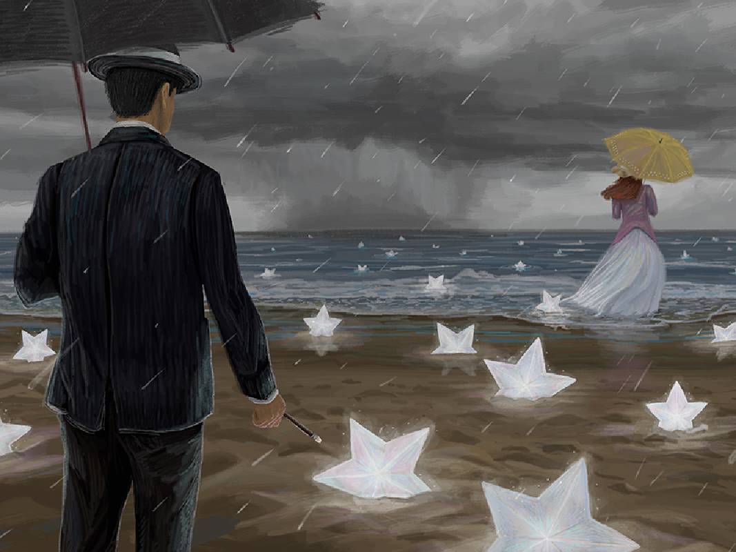 〈星星掉落的時候 When the Stars fall〉陰雨綿綿的海邊，男子撐著黑傘，女子撐著黃傘，隔著潮濕而遙遠的距離，彼此靜靜凝望。星星落在沙灘上，如記憶中未盡的願望，雖微弱卻不滅，仍閃爍著堅持與溫柔。