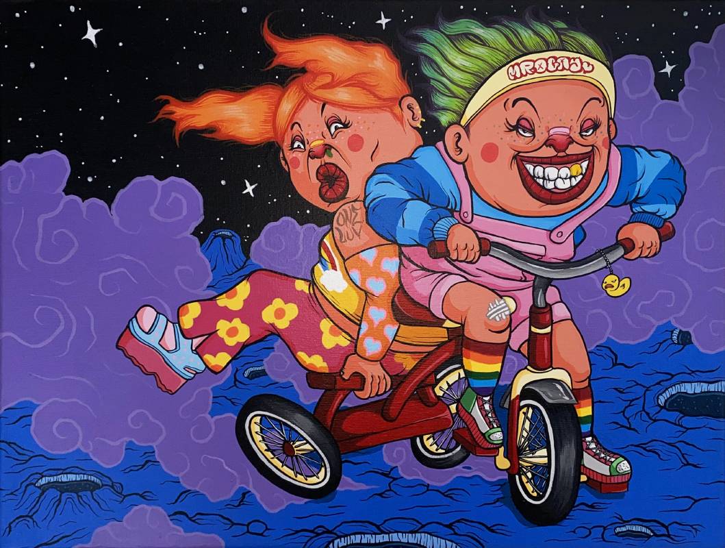 黑雞先生_三輪車_acrylic on canvas_40x30cm_2024。圖 / 藝星藝術中心提供