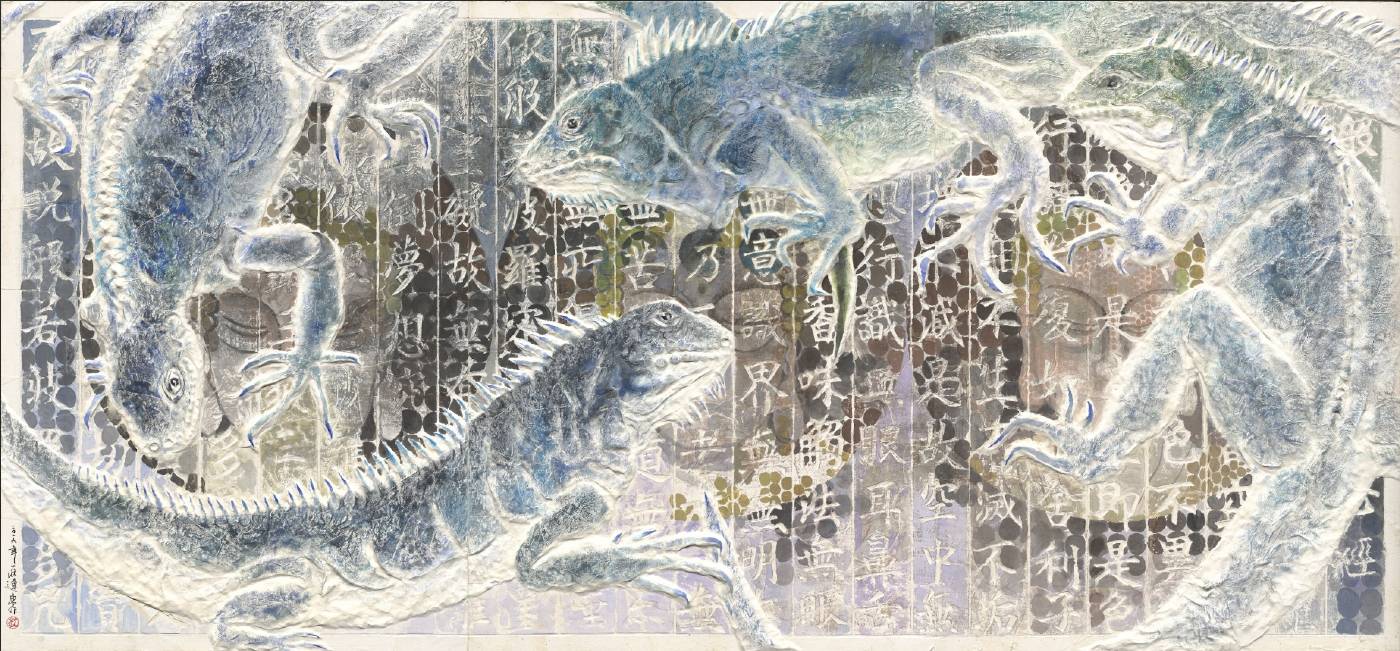 莊連東《蜥知・知悉-1》繪、塑、貼、彩、墨、白玉土、紙 109×237cm 2019