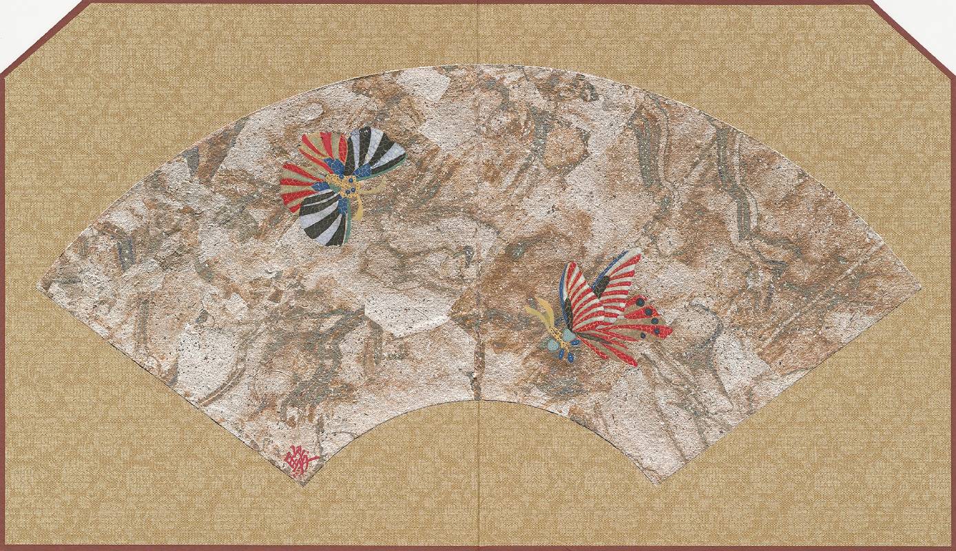鵬游蝶夢3，32.5x28.5cm，礦物顏料、金屬箔泥、雲母、姬屏風紙本設色，2025