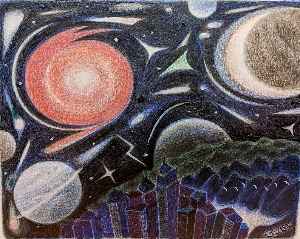 鍾復榮_星空之城_油臘筆  油性鉛筆 原子筆 24.1x19.1cm2024